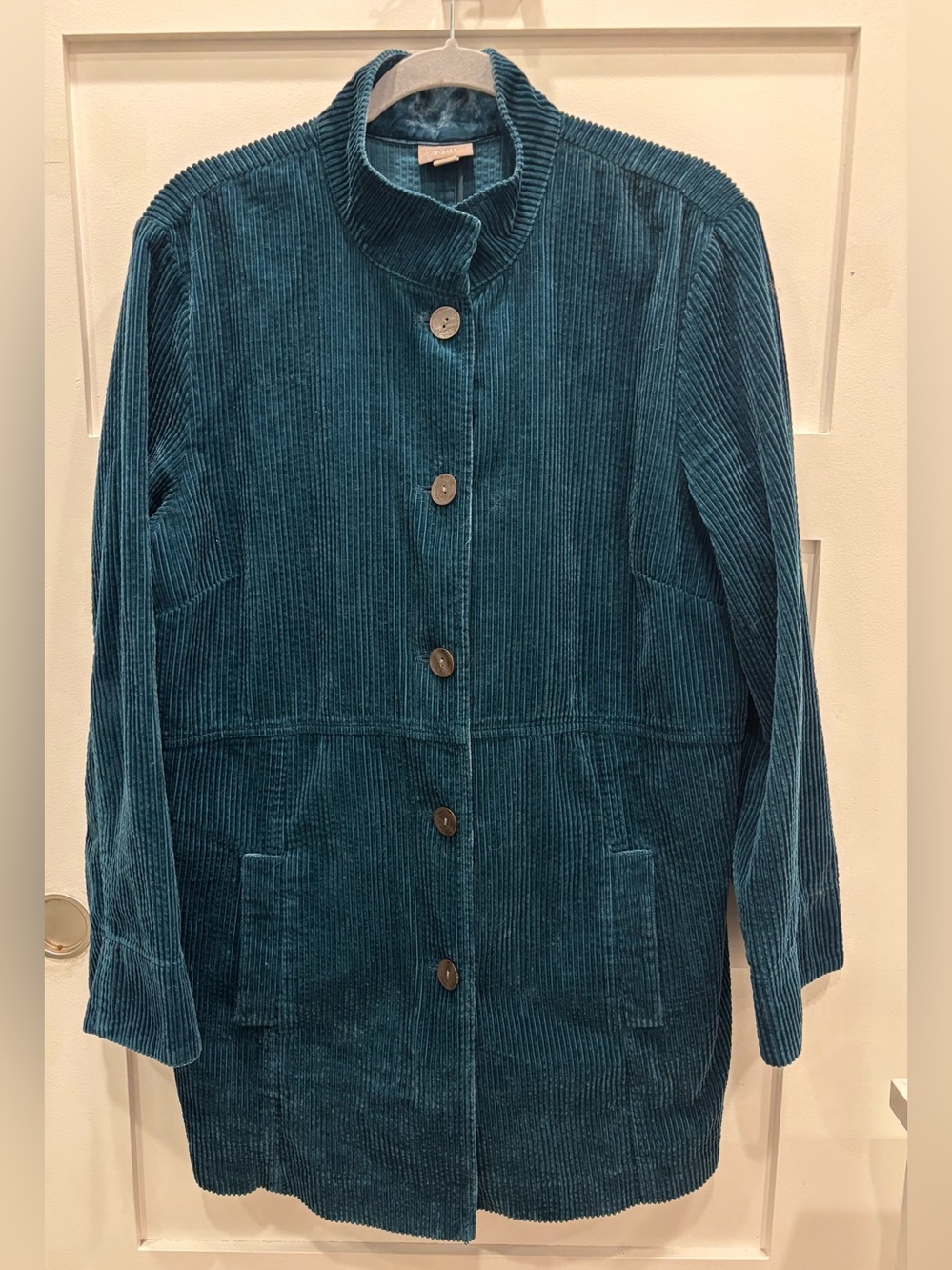 J. Jill Muted Teal Corduroy Button-Front Jacket w/ Velvet Trim